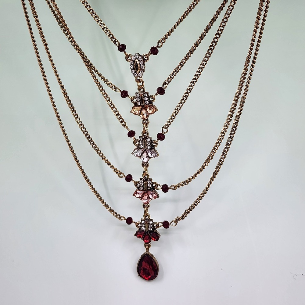 Charming Charlie Antique Gold Tone Multi Strand Red Rhinestone Floral Necklace